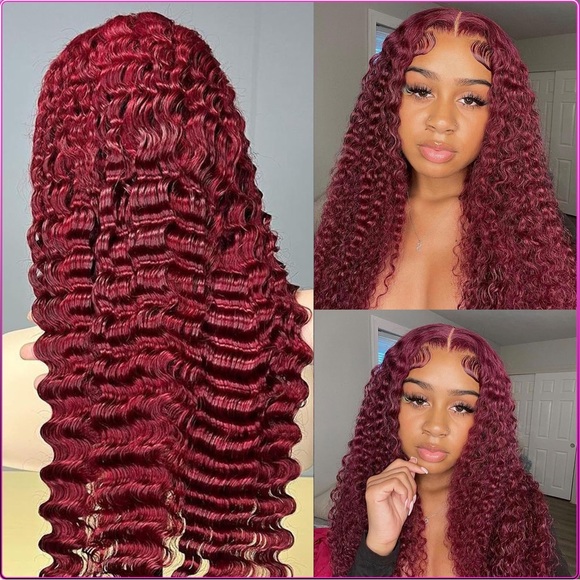 HUMAN HAIR Burgundy Deep Wave Lace Front Wig 13x4 HD Glueless 180% Density - Picture 2 of 9